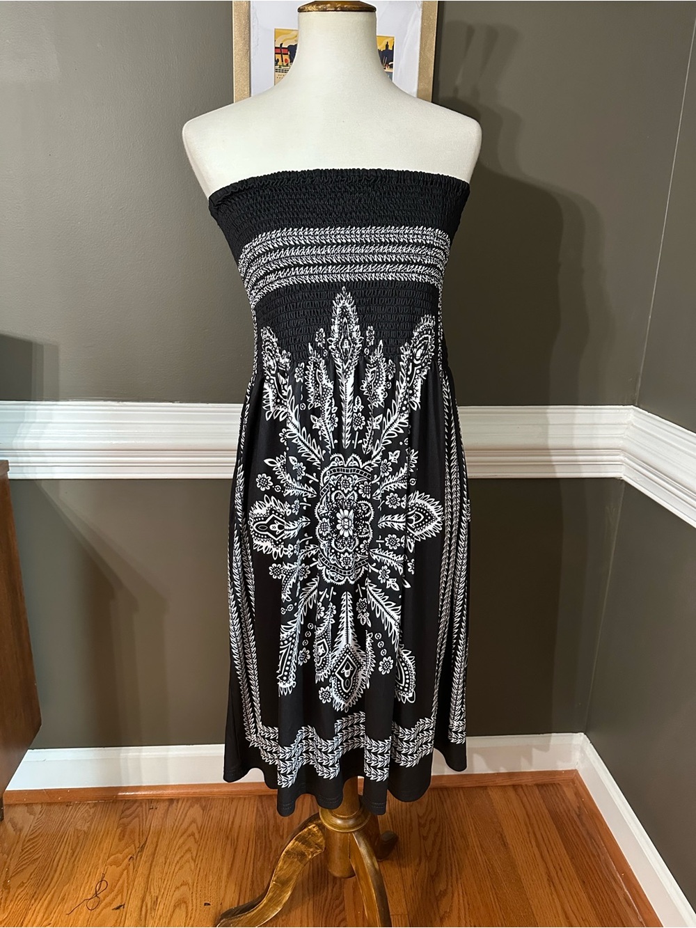 VENUS Black and White Strapless Printed Midi Dress/beach cover up